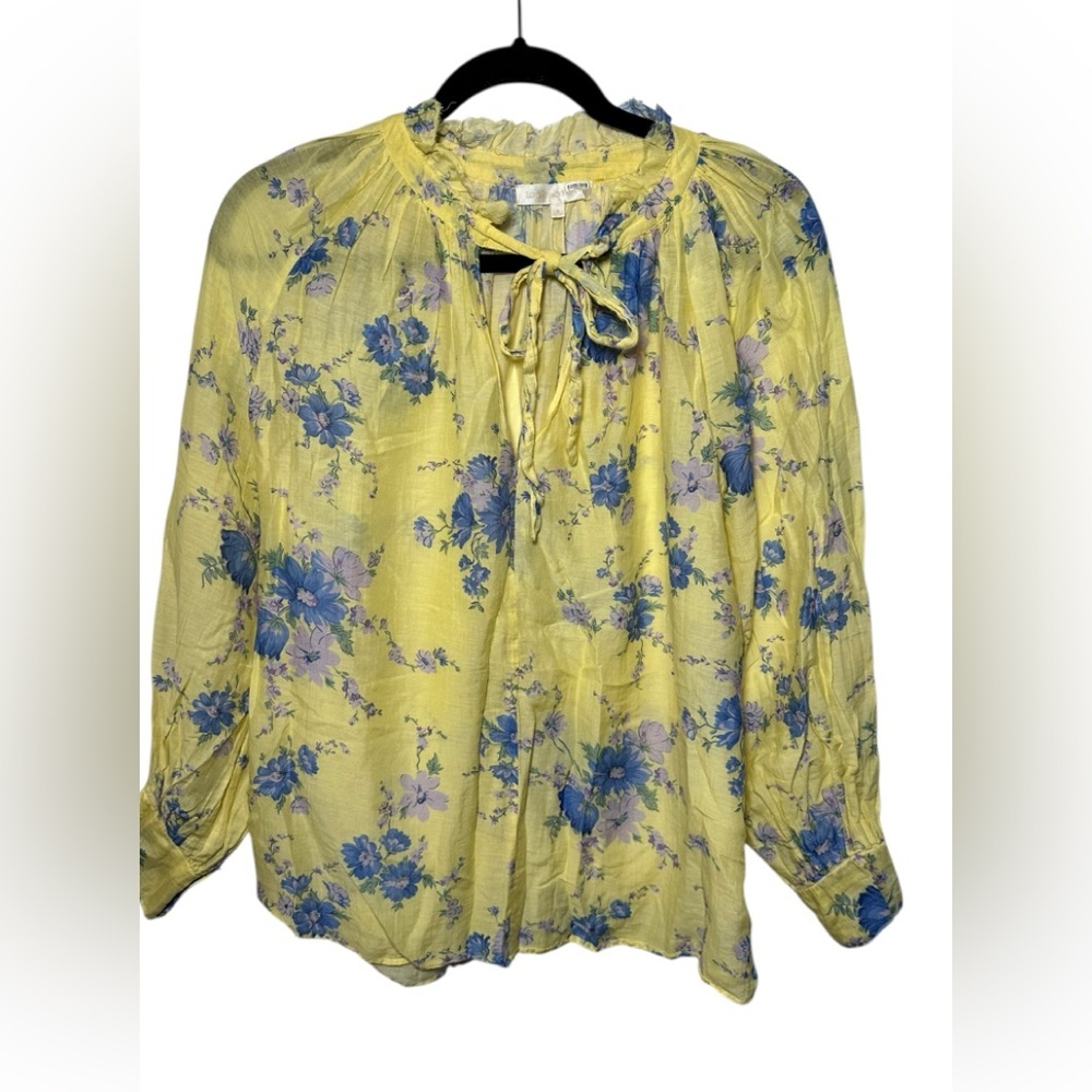 LoveShackFancy Yellow Floral Silk Cotton Tie Neck Boho Blouse Top Small